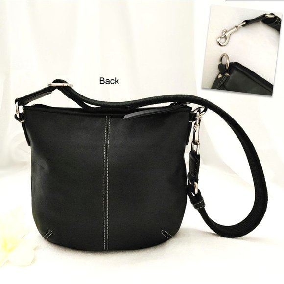 Genuine Leather Black Small Purse Shoulder Crossbody Bag Pleated White Stitched - Picture 4 of 10